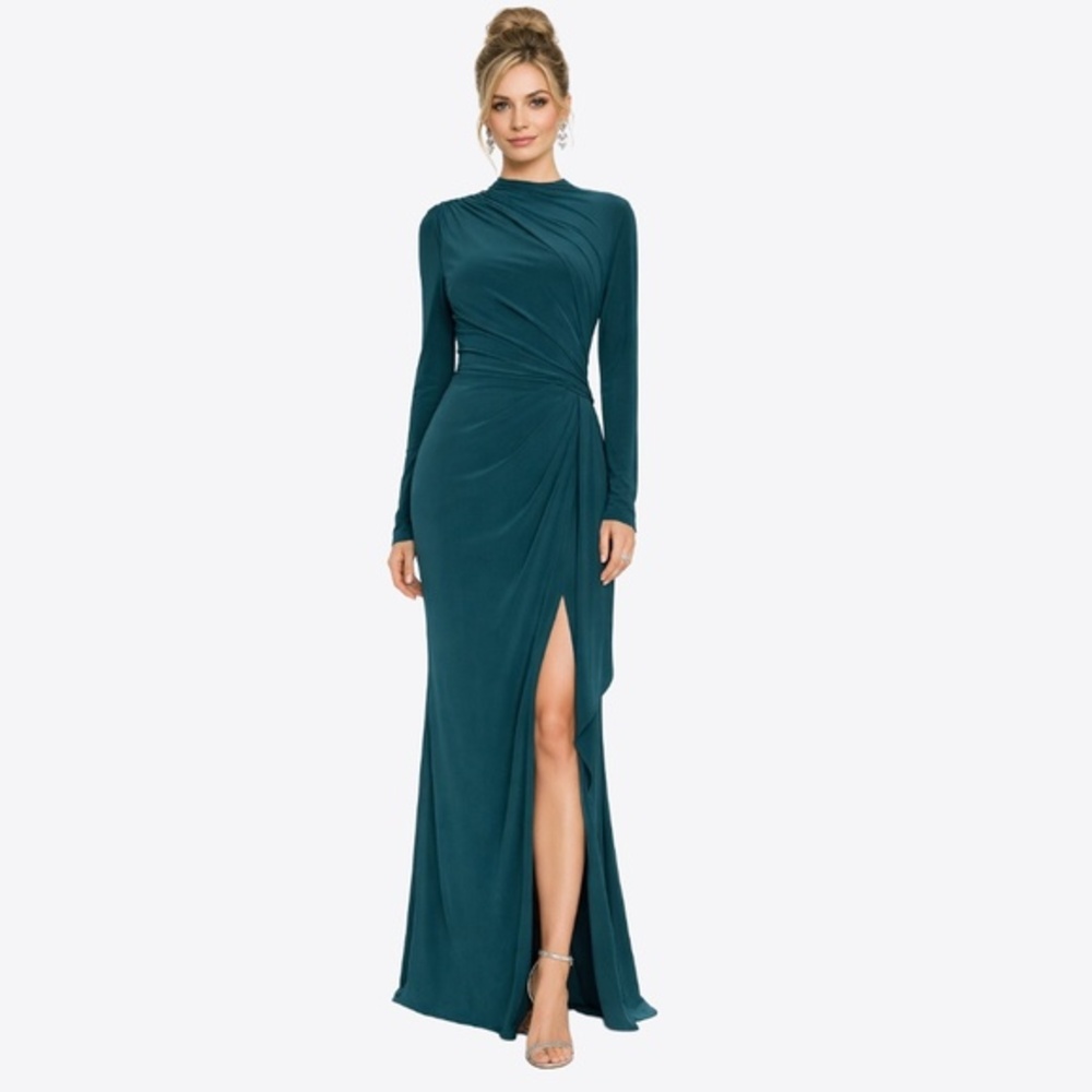 Betsy & Adam - Jeanette Mock-Neck Ruffle Drape Gown